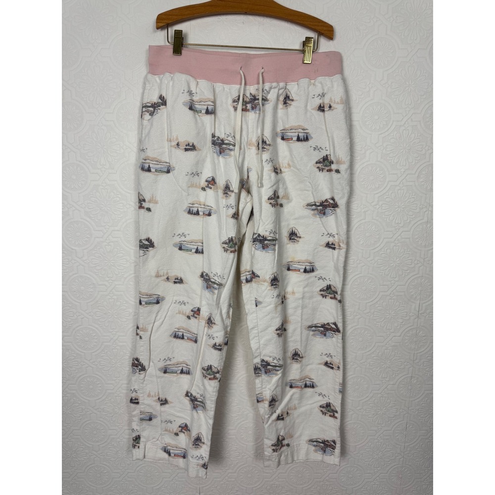 LL Bean Women M Pajama Pants Pink Cabin Scenic Lake Print Cotton Flannel Lounge